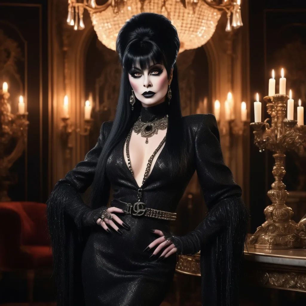 Prompt: Elvira (with her signature gothic makeup and hairstyle), dressed in (elegant, oversized Chanel outfit), dramatic pose, opulent accessories, luxurious background featuring rich textures, warm candlelight ambiance, moody atmosphere, high fashion vibe, (glamorously intricate details), enchanting aura, HD, ultra-detailed, captivating elegance.