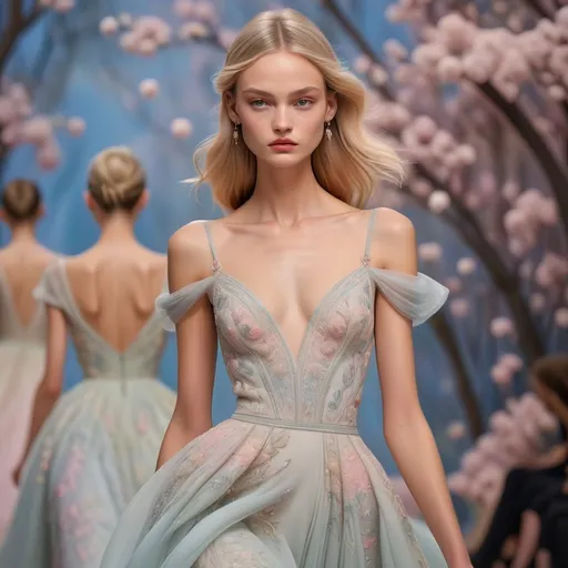 Prompt: Dior (delicate dress), elegantly designed seams, luxurious fabric textures, flowing silhouette, pastel color palette, soft lighting effect, feminine charm, haute couture style, intricate embroidery, enchanting dress details, surrounded by a graceful backdrop, ethereal ambiance, high fashion atmosphere, ultra-detailed, 4K quality.