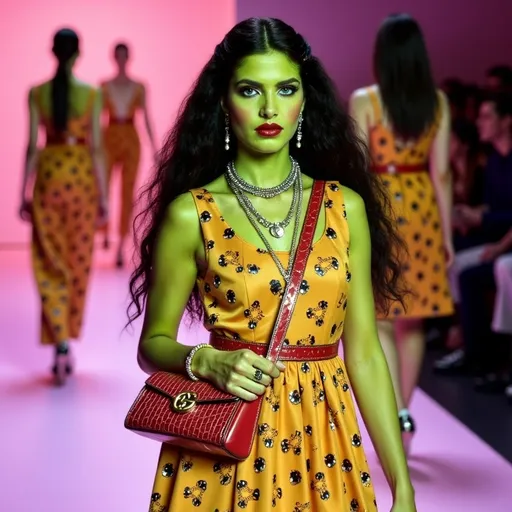 Prompt: (Elphaba wearing moschino), striking pose, vibrant green skin, dark flowing hair, poised facial expression, luxurious Gucci outfit, fashion-forward accessories, playful yet sophisticated, (bold patterns), stylish handbag, adventurous demeanor, brightly lit runway background, high fashion atmosphere, runway models in soft focus, ultra-detailed, (fashion illustration).