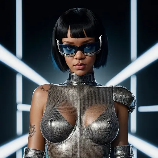 Prompt: Rihanna wearing Paco Rabanne cyber look