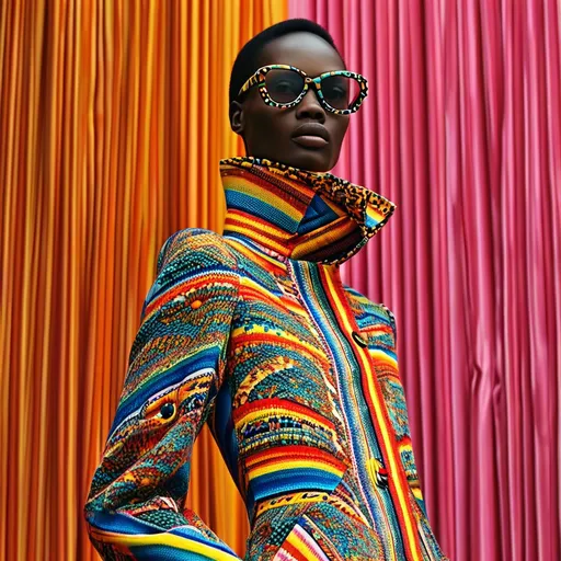 Prompt: (vibrant Missoni coat), visually striking pattern, bold zigzag designs, rich color combinations, whimsical textures, stylish collar and sleeves, flowing fabric, (high fashion), elegant draping, intricate material details, model showcasing in an upscale setting, warm and inviting atmosphere, (ultra-detailed), (4K resolution), luxurious ambiance, soft lighting for depth, modern chic backdrop, showcasing fashion elegance.