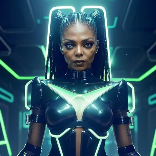 Prompt: Janet Jackson (as a Mugler cyborg), futuristic fashion, sleek metallic body suit, glowing LED accents, striking makeup with vibrant colors, (bold accessories), intricate detailing in design, dynamic pose, cyberpunk atmosphere, urban background with neon lights, (high intensity), (vivid contrast), expressive and captivating vibe, 4K ultra-detailed, cinematic feeling capturing the interplay of technology and elegance.