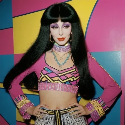 Prompt: Cher (iconic fashion in 70s style), vibrant colors, bold patterns, (signature long dark hair), chunky accessories, flared pants, deep neckline, vivid makeup, (retro atmosphere), bright disco lights in the background, groovy vibes, ultra-detailed, photorealistic, capturing the essence of the 1970s fashion statement, cheerful and dynamic ambiance.