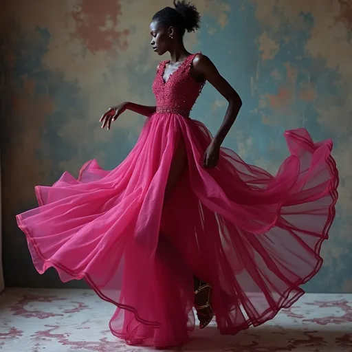 Prompt: (Alek Wek in a Valentino pink dress), elegant jump fashion pose, high-fashion portrait, (vibrant colors), striking fuchsia gown, intricate details on the dress, soft lighting highlighting textures, luxurious ambiance, abstract  background, ultra-detailed, fashion photography style, showcasing grace and beauty, emphasis on the interplay of light and fabric.