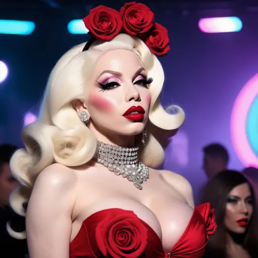 Prompt: Hyper realistic Rose Villain as Amanda Lepore ready with a rave party festival total look in Berlin ready to party 