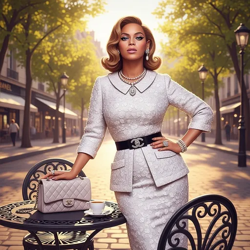 Prompt: Envision a radiant Beyoncé embodying the quintessential elegance of the 1960s, dressed in a stunning haute couture ensemble by Chanel. Her hair is styled in soft, voluminous waves, framing her face, while dramatic, winged eyeliner accentuates her captivating eyes. Set against a backdrop of a chic Parisian café, the soft golden glow of the afternoon sun filters through leafy trees, casting playful shadows on the cobblestone street. She poses confidently at an ornate wrought-iron table, a classic Chanel handbag resting beside her, and a delicate cup of espresso in hand. The scene evokes a nostalgic glamour, with hints of pastel colors that enhance the dreamy quality of this moment. Suggested art style: glamorous fashion illustration with soft pastels and cinematic lighting.