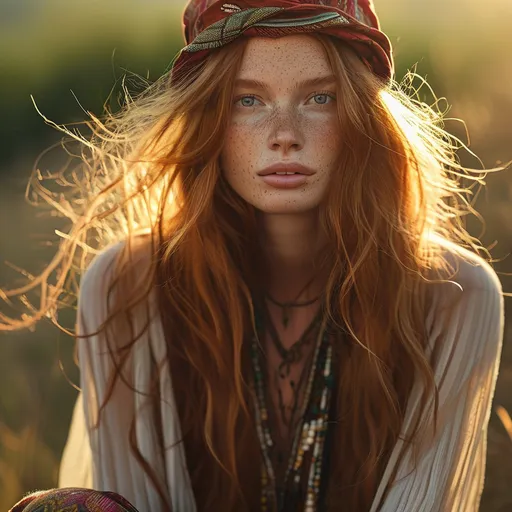 Prompt: (long-haired redhead model), (curvy figure), (boho chic fashion), flowing fabrics draped elegantly, colorful patterns and earthy tones, delicate accessories, warm sunlight illuminating her hair, serene background with nature, relaxed and confident pose, high-quality, ultra-detailed, vibrant and artistic ambiance.