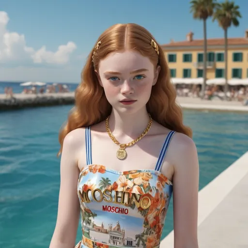 Prompt: Hyperrealistic 3D Sadie Sink in 90s italian Milano Marittima Beach summer and hot fashion Moschino, photorealistic, accurate features, Moschino outfit, high resolution 64k, detailed textures, realistic lighting, Milano Marittima beach backdrop, sophisticated, elegant, photorealism, Italian fashion, 90s style, high quality, Moschino, detailed design, accurate, realistic rendering, lifelike, professional, professional lighting 