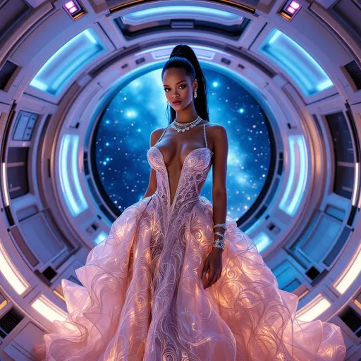 Prompt: Rihanna wearing a futuristic Balmain dress outer space into a spaceship 