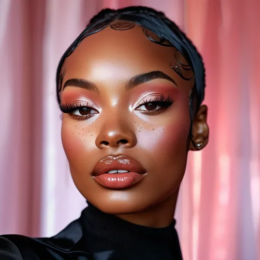 Prompt: full face makeup, (Fenty Beauty), perfectly blended foundation, radiant highlighter, bold lip color, mesmerizing eye makeup, silky smooth texture, vibrant color palette, modern beauty techniques, luxurious finish, confident pose, (highly detailed, 4K), ultra-glamorous ambiance, elegant styling, contemporary setting, soft natural lighting.