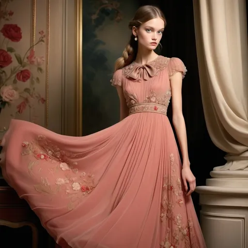 Prompt: (vintage red Valentino dress), exquisite detailing, soft flowing fabric, elegant silhouette, rich textures, muted colors, classic design, romantic ambiance, intricate embellishments, luxurious draping, timeless elegance, high fashion, (ultra-detailed), opulent background, ethereal lighting, enchanting atmosphere, highlighting the artistry of couture fashion.