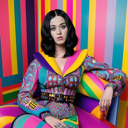 Prompt: (Katy Perry x Etro), (vibrant colors), fashion-forward, eclectic style, bold patterns, high-fashion poses, whimsical flair, luxurious fabrics, striking accessories, dynamic composition, artistic influences, modern elegance, upbeat and playful atmosphere, (HD), showcasing signature elements from both brands, inviting and lively vibes, black long hair.