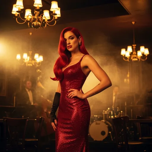 Prompt: Visualize Dua Lipa transformed into the sultry character of Jessica Rabbit, radiating confidence and allure. She stands in a glamorous, dimly lit jazz club, the warm glow of vintage chandeliers casting a golden hue that dances across her shimmering red gown. Her hair cascades in luxurious waves, echoing Jessica's iconic red locks, with a hint of playful mischief in her sultry gaze. The smoky ambiance is filled with swirling shadows and the distant sound of a jazz band, enhancing the scene's intimate, nostalgic feel. Dua’s pose is elegant yet inviting, her hand gracefully resting on her hip, while the glint in her eyes holds a secret. This cinematic lighting captures the essence of a classic film noir, inviting viewers into a world of glamour and intrigue.