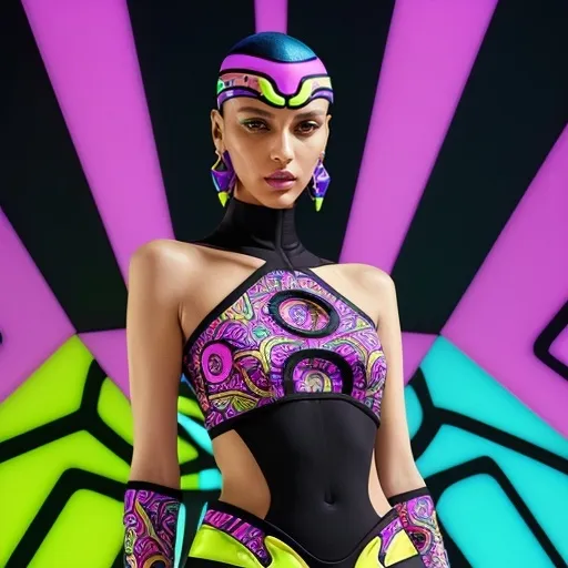 Prompt: (Pucci cyber outfit), vibrant colors, bold geometric patterns, futuristic style, dynamic shapes, high fashion, seamless design, (high-tech materials), expressive silhouette, (modern accessories), illuminated backdrop, neon accents, vibrant contrast, energetic ambiance, (4K quality), ultra-detailed textures, evoking a sense of avant-garde artistry.