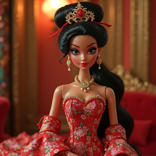 Prompt: Barbie oriental woman, dressed in a stunning Dolce&Gabbana ensemble, high fashion glamour, intricate patterns, bold floral designs, vibrant colors, luxurious fabrics, soft ambient lighting, elegantly styled hair, playful and confident expression, chic accessories, inviting and sophisticated atmosphere, opulent background, luxurious surroundings, ultra-detailed, 4K quality, fashion photography.