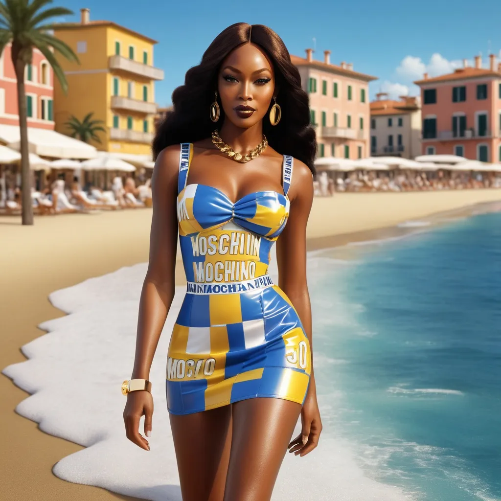 Prompt: Hyperrealistic 3D Naomi Campbell in 90s italian Milano Marittima Beach summer and hot fashion Moschino, photorealistic, accurate features, Moschino outfit, high resolution 64k, detailed textures, realistic lighting, Milano Marittima beach backdrop, sophisticated, elegant, photorealism, Italian fashion, 90s style, high quality, Moschino, detailed design, accurate, realistic rendering, lifelike, professional, professional lighting 