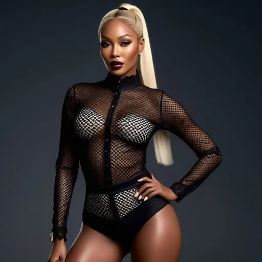 Prompt: photo of Naomi Campbell thiccc blonde girl. High pony tail hair. thiccc, goth lips, intricate lacey outfit. very attractive. high detail realistic. thick thighs,  full body shot, professional photo. Studio lighting, backlit, realistic lighting. hdr uhd 8k ultra-realistic render,  very high detail skin, beautiful face, Dolce&Gabbana