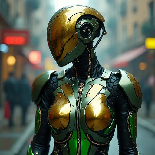 Prompt: Gucci cyborg, futuristic style, high fashion aesthetics, intricate metallic designs, vibrant colors with gold and green highlights, sleek and modern armoring, bold fashion elements, blending technology with luxury, urban background, dramatic lighting, cinematic atmosphere, ultra-detailed, HD quality, tapping into contemporary culture and blending opulence with innovation.