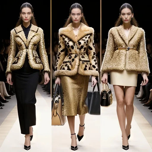 Prompt: (Fendi look), luxurious fashion, elegant design, chic patterns, high-end clothing, signature logos, modern style, refined aesthetics, glamorous accessories, sophisticated vibe, fashion-forward ambiance, detailed textures, runway-inspired, warm and inviting color palette, impeccable craftsmanship, (ultra-detailed), (4K).