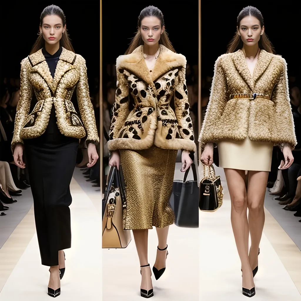 Prompt: (Fendi look), luxurious fashion, elegant design, chic patterns, high-end clothing, signature logos, modern style, refined aesthetics, glamorous accessories, sophisticated vibe, fashion-forward ambiance, detailed textures, runway-inspired, warm and inviting color palette, impeccable craftsmanship, (ultra-detailed), (4K).