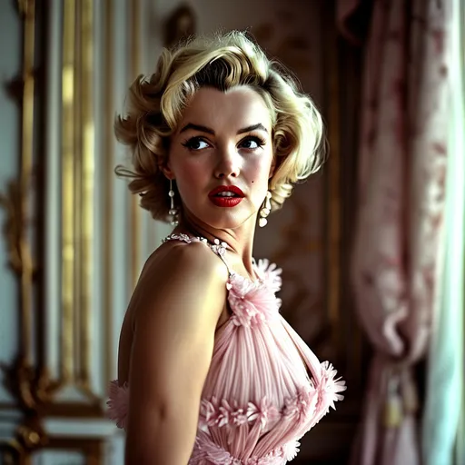 Prompt: (Marilyn Monroe wearing a glamorous Dior dress), high fashion, exquisite elegance, (soft lighting), vintage aesthetic, impeccable style, sophisticated grace, delicate facial features, flowing hair, lavish fabric details, luxurious background with stylish decor, timeless beauty, evoking classic Hollywood glamour, (ultra-detailed), cinematic quality, capturing the essence of 1950s fashion.