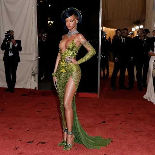 Prompt: Rihanna at Met Gala, high fashion, iconic red carpet look, vibrant and bold, paparazzi flashes, extravagant couture gown, elegant jewelry, celebrity, glamorous atmosphere, high quality, detailed, fashion illustration, vibrant colors, dramatic lighting