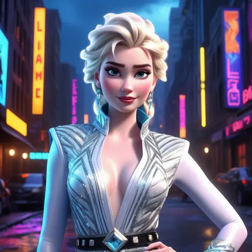 Prompt: (Elsa from Frozen), wearing a glam rock Balmain outfit, striking a bold pose, dramatic makeup, sleek hairstyle, sparkling accessories, vivid colors, high contrast, stylish urban background, (high fashion), vibrant atmosphere, electric energy, stylish and fierce, (4K), ultra-detailed.