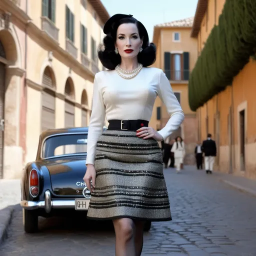 Prompt: Hyper Realistic and very detailed Dita Von Teese wearing a hyper realistic and very detailed 60s Chanel look with a very detailed miniskirt and very detailed flat shoes in the centre of a very accurate 60s Rome living “La Dolce Vita” 64k Hd, very accurate 3D 