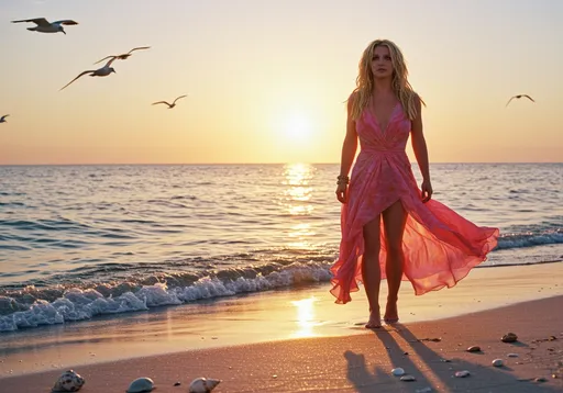 Prompt: A captivating scene featuring Britney Spears standing on a shimmering beach at sunset, with golden sunlight filtering through gentle waves that caress the shore. She wears a vibrant, flowing dress that dances with the ocean breeze, reflecting hues of pink and orange from the fading sun. Her expression embodies a mix of nostalgia and empowerment, with her eyes gazing into the horizon, as if remembering her journey. The soft melodies of waves create a serene atmosphere, while seagulls glide overhead, adding life to the scene. Surrounding her, delicate seashells and sparkling sand form an intimate beach setting, enhancing the dreamy escape. This image could be depicted in a cinematic style, capturing the enchanting light and vibrant colors reminiscent of a nostalgic pop era.