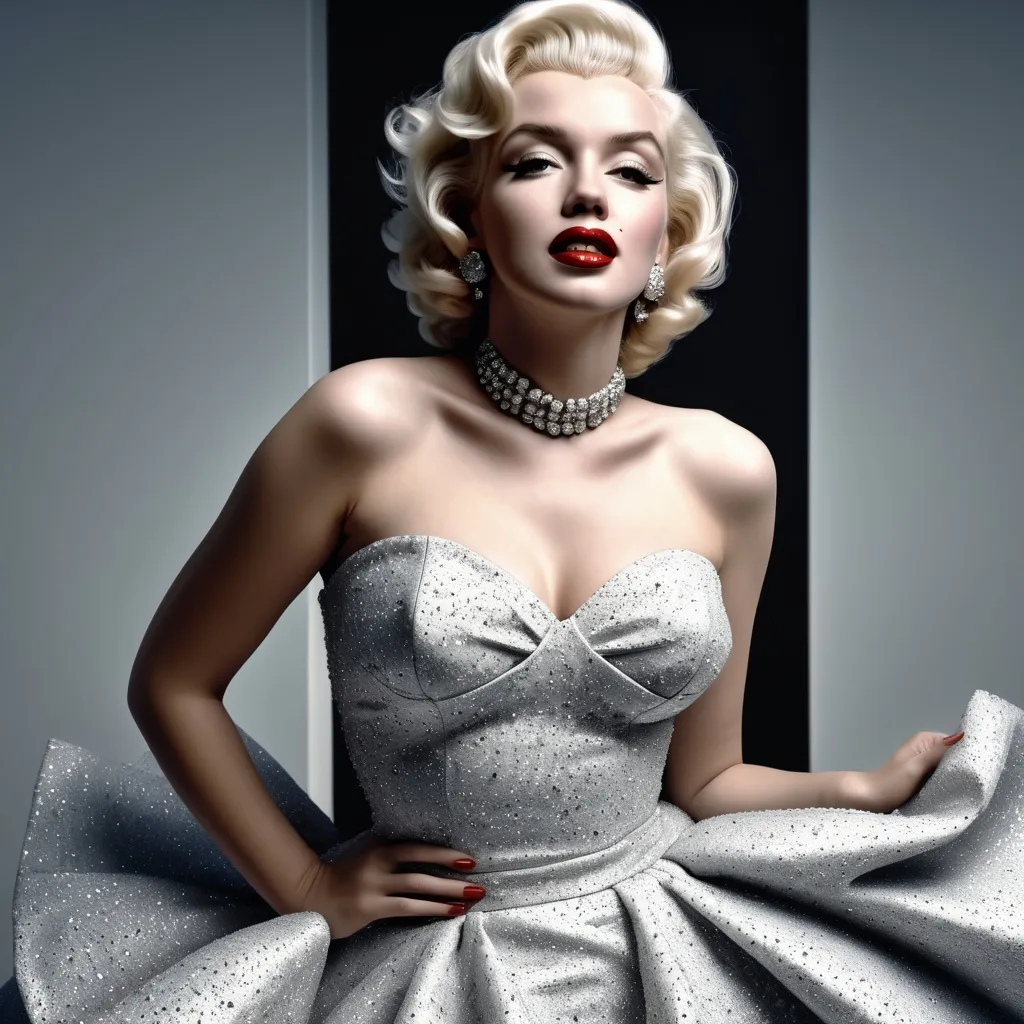 Prompt: Very detailed and hyper realistic Marilyn Monroe wearing a hyper realistic and very detailed Balenciaga dress 64k, ultra hd, 3d quality  500mpx reflex 