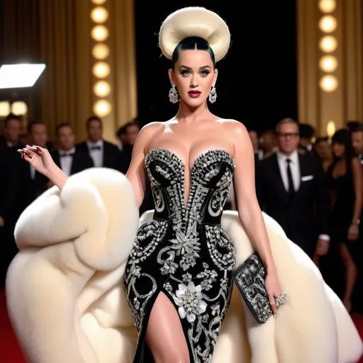 Prompt: Highly detailed image of Katy Perry as Naomi Campbell as Amanda Lepore wearing a very glamorous and high fashionable highly detailed 64k 3D dress by Dolce & Gabbana
