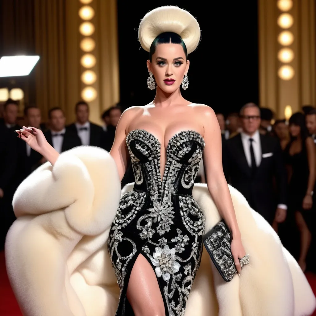 Prompt: Highly detailed image of Katy Perry as Naomi Campbell as Amanda Lepore wearing a very glamorous and high fashionable highly detailed 64k 3D dress by Dolce & Gabbana