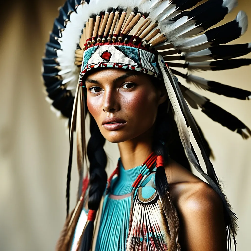 Prompt: Native American top model wearing Valentino dress