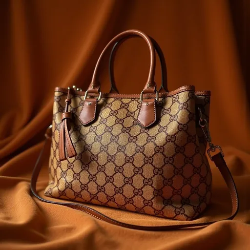 Prompt: luxurious (Gucci bag), (elegant) design, (stylish) fashion statement, intricate patterns, high-quality leather, warm color tones, soft lighting, opulent ambiance, well-crafted details, background featuring a plush setting, (4K) ultra-detailed, rich textures, contemporary vibe, showcasing sophistication and class