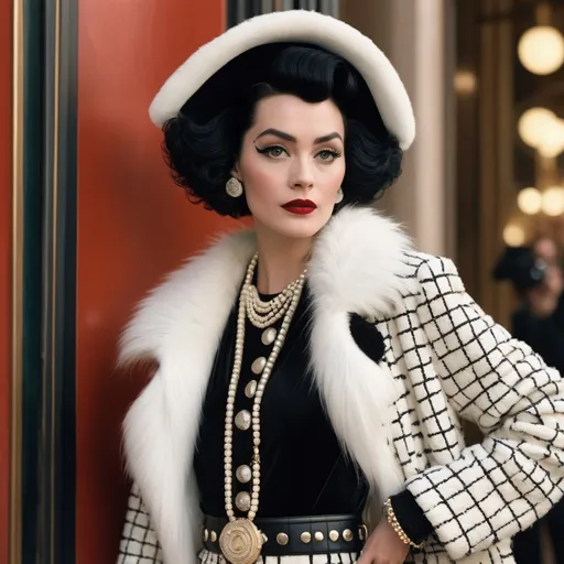 Prompt: Hyper realistic Cruella wearing a very detailed Chanel Outfit in a Wes Anderson Movie