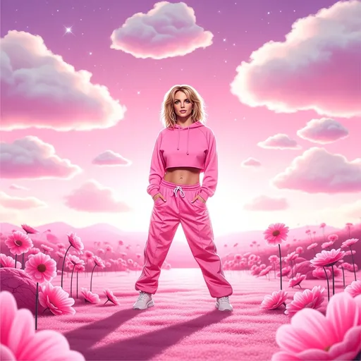 Prompt: Imagine Britney Spears, radiating iconic Y2K vibes, poised in a vibrant, all-pink world that feels both nostalgic and fantastical. Her hair, styled in playful, voluminous waves, frames her face with a youthful exuberance. She wears sporty pink pants paired with a snug cropped hoodie, merging comfort and flair. The air shimmers with a soft, pastel glow as cotton candy clouds float above, reflecting the hues of her outfit. The ground is adorned with whimsical, oversized pink flowers that almost seem to sway to a nostalgic beat. Bright, ambient lighting envelops the scene, reminiscent of a lively summer sunset, casting a dreamy hue across the landscape, enhancing the playful and energetic atmosphere. The style is a vibrant, surreal pop art illustration, making the entire scene feel like a celebration of joy and nostalgia.