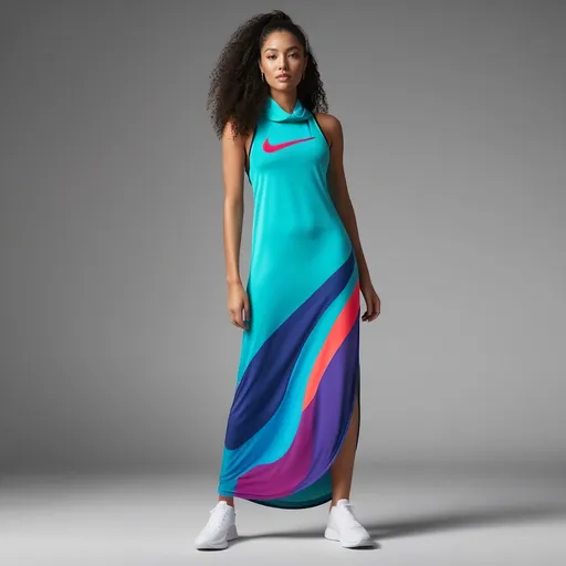 Prompt: Nike long dress, (sleek design), modern athletic wear, featuring the iconic Nike swoosh logo, (dynamic flow of fabric), vibrant colors, stylish neckline, high-quality textile texture, (fashion-forward silhouette), draping elegantly, (urban streetwear vibe), set against a minimalist background, soft lighting, (highly detailed 4K quality).