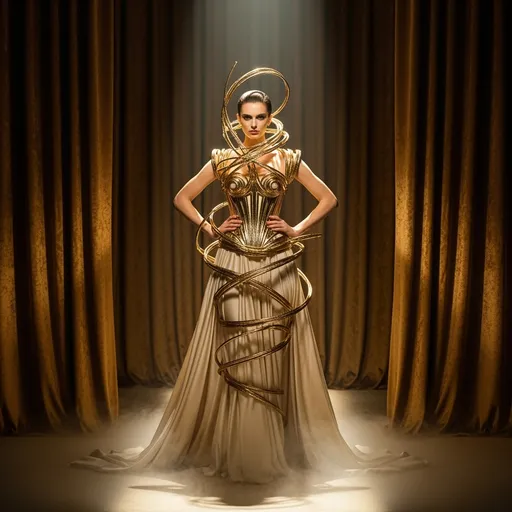 Prompt: Visualize a high-fashion runway scene illuminated by soft, golden lighting that casts dramatic shadows on rich, velvet curtains in the background. At the center, a striking model poses in an exquisite Schiaparelli dress, its luxurious fabric flowing like liquid silk. The dazzling metallic golden sculptured corset intricately weaves its way around the model, glimmering in the light as if it were a piece of art itself. Her expression is confident and bold, eyes sparkling with a fierce determination. The atmosphere is electric, evoking a sense of both elegance and avant-garde creativity, as delicate wisps of mist swirl around her feet. This scene embodies a glamorous yet surreal quality, ideal for a cinematic high-fashion editorial illustration.