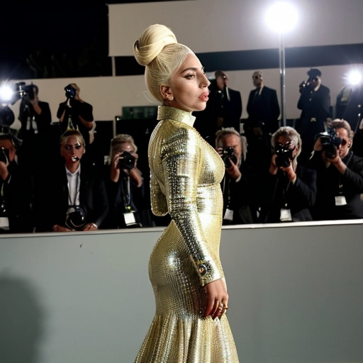 Prompt: Lady Gaga wearing Gucci outfit at Venice Film Festival at Lido of Venice