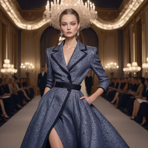 Prompt: (dramatic Dior fashion), elegant high-fashion outfit, featuring luxurious fabrics, striking silhouette, vibrant color palette, intricate details, soft lighting that enhances the textures, glamorous and sophisticated ambiance, ultra-detailed, chic background with a hint of Parisian elements, exuding opulence and style, striking shadows, 4K quality.