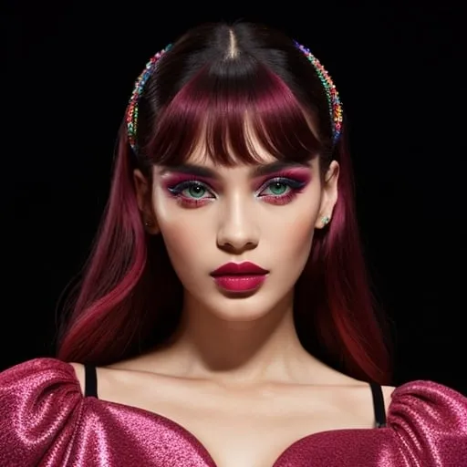 Prompt: Lolita wearing Gucci, high fashion, vibrant colors, glamorous makeup, glossy textures, high-end couture, professional photography, high quality, glamorous, vibrant, high fashion, glossy textures, professional lighting