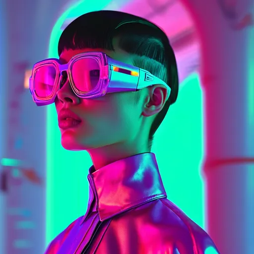 Prompt: (cyber futuristic look), (Miu Miu-inspired fashion), sleek metallic fabrics, neon accents, vibrant color palette, high-fashion silhouettes, futuristic accessories, bold geometric shapes, urban environment backdrop, dramatic lighting contrasting with moody shadows, (HD), ultra-detailed textures, avant-garde aesthetic, captivating and edgy ambiance.