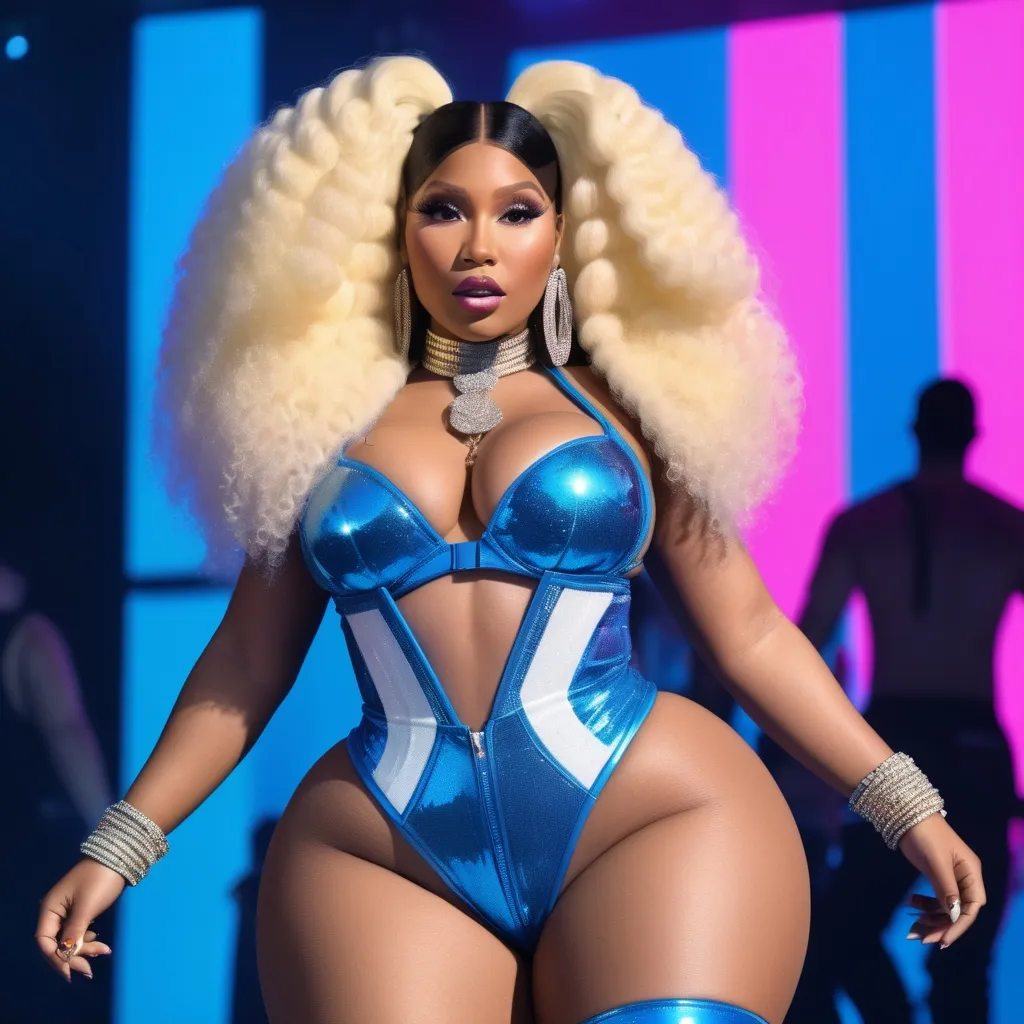 Prompt: Hyper realistic Nicki Minaj as Lizzo wearing a very accurated and hyper realistic look as rave dancer in the 1990s in Madrid 3d quality 64k Hd