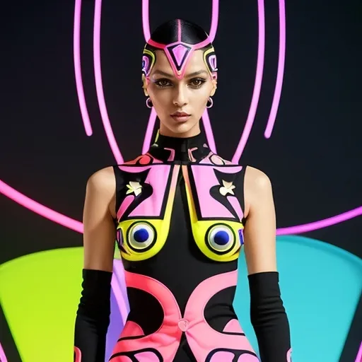 Prompt: (Pucci cyber outfit), vibrant colors, bold geometric patterns, futuristic style, dynamic shapes, high fashion, seamless design, (high-tech materials), expressive silhouette, (modern accessories), illuminated backdrop, neon accents, vibrant contrast, energetic ambiance, (4K quality), ultra-detailed textures, evoking a sense of avant-garde artistry.