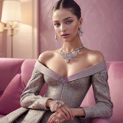 Prompt: (Highest quality photo), photorealistic, (vibrant colors), elegant posing, luxurious outfit, intricate details on Dior clothing, radiant makeup, soft lighting accentuating her features, high fashion atmosphere, stylish accessories enhancing the look, dynamic background fitting an upscale fashion theme, ultra-detailed, captivating and confident vibe.