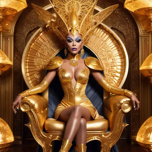 Prompt: (Gorgeous alien drag queen wearing Armani), adorned in lavish (golden robes), strikingly tall (8 inch stiletto high heels), posing regally in a sumptuous throne room, adorned with intricate alien motifs, softly lit by ethereal golden hues, creating an atmosphere of (luxury) and (opulence), ultra-detailed, high-quality illustration, (sci-fi grandeur) setting, marvelous reflections and textures, emphasizing an aura of (majesty) and (confidence).