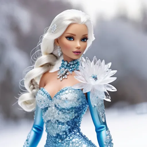 Prompt: Barbie ice woman with platinum hair, crystal shoulders, icy and flower dress in the winter landscape