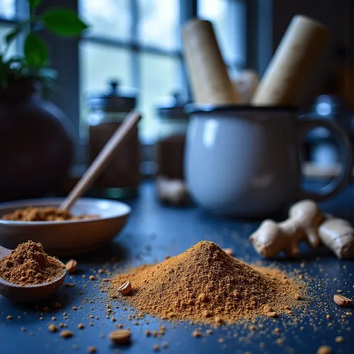 Prompt: (zenzero polvere), finely ground ginger powder, warm earthy tones, warm lighting, rustic kitchen ambiance, scattered spices around, a wooden spoon beside, high-quality 4K detail, inviting atmosphere, gentle shadows enhancing texture, focus on zenzero's rich, aromatic quality, natural visual elements enhancing the homemade feel, soft bokeh in the background for depth.