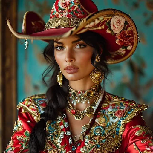 Prompt: Dolce&Gabbana cowgirl look, (fashionable outfit), intricate western designs, high fashion, vibrant colors, luxurious textures, bold accessories, modern twist on classic cowgirl style, detailed stitching, elegant composure, perfectly styled hair, (dramatic lighting), dynamic pose, luxurious surrounds giving an upscale vibe, (high quality), attention to detail, (ultra-detailed).