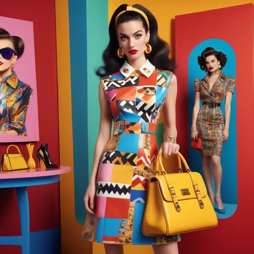 Prompt: (photorealistic) vibrant colors, nostalgic 90s fashion, The Nanny character in a stylish Moschino dress, playful expression, grasping her oversized handbag, lively indoor setting with bold patterns, elegant accessories reflecting iconic 90s style, warm lighting, ultra-detailed textures, cheerful atmosphere, evoking memorable TV show vibes, high-quality HD image.